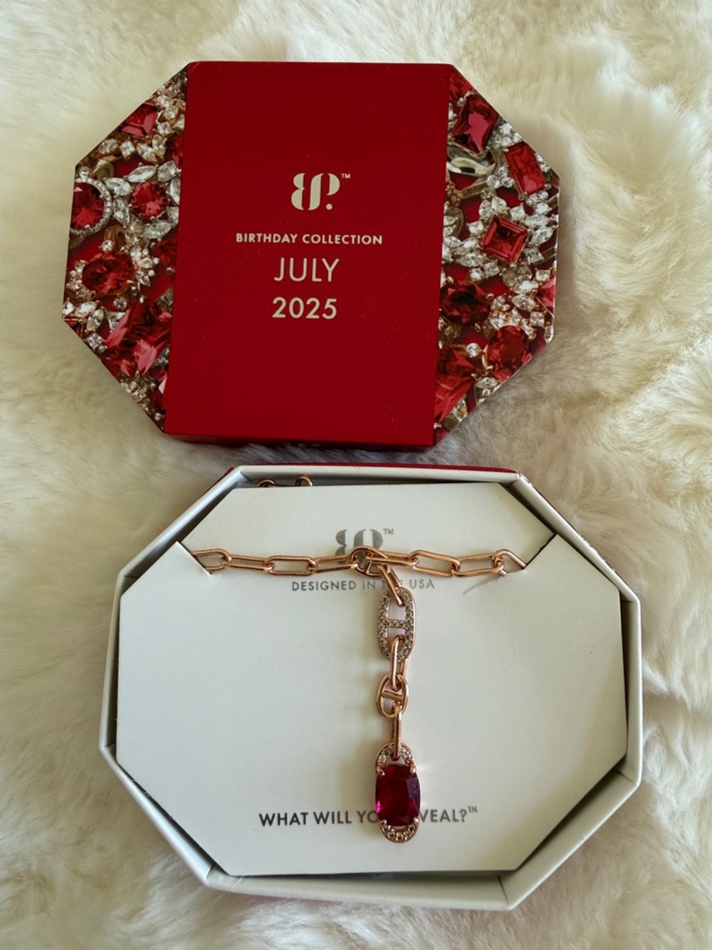 Bomb Party July 2025 Birthday Collection Rose G Necklace with Lab Created Ruby